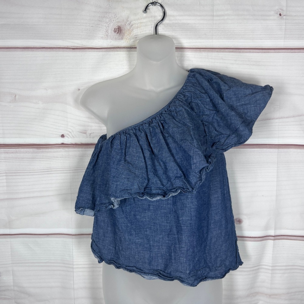 BCBGMAXAZRIA Top Women XXS Blue One Shoulder Ruffle Chambray Cotton Linen Blouse